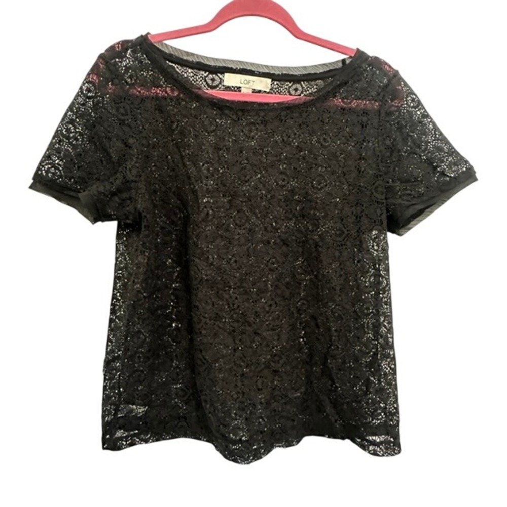LOFT Black Lace Top Short Sleeve Floral Sheer Mesh Trim Cotton Blend Romantic M